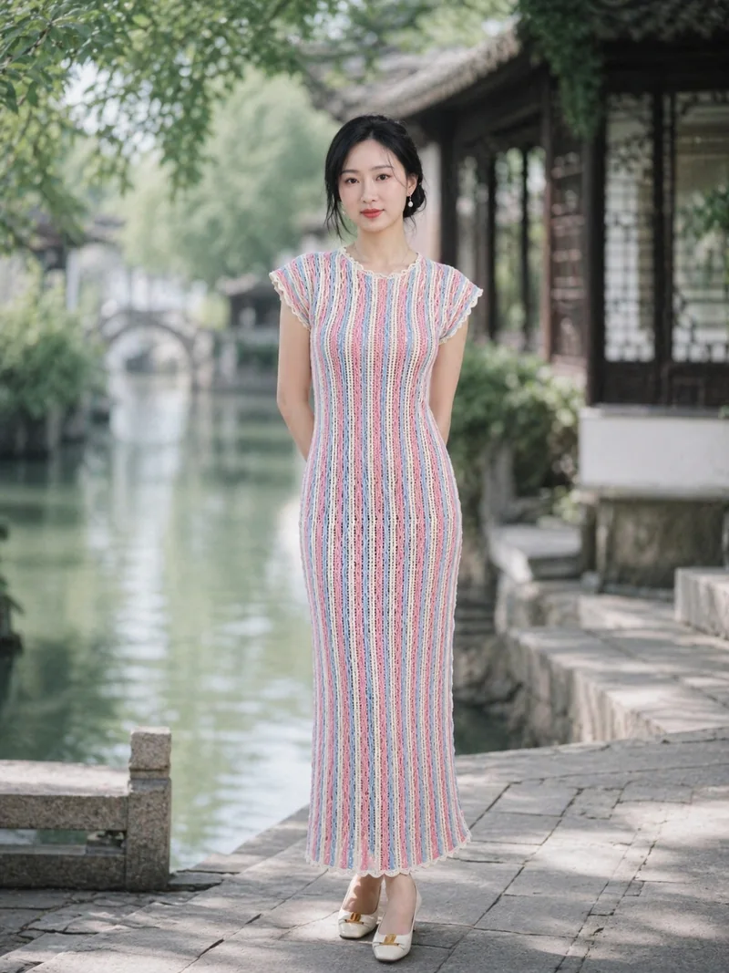 贾嘉身穿彩色纵纹针织长裙,站在户外水边