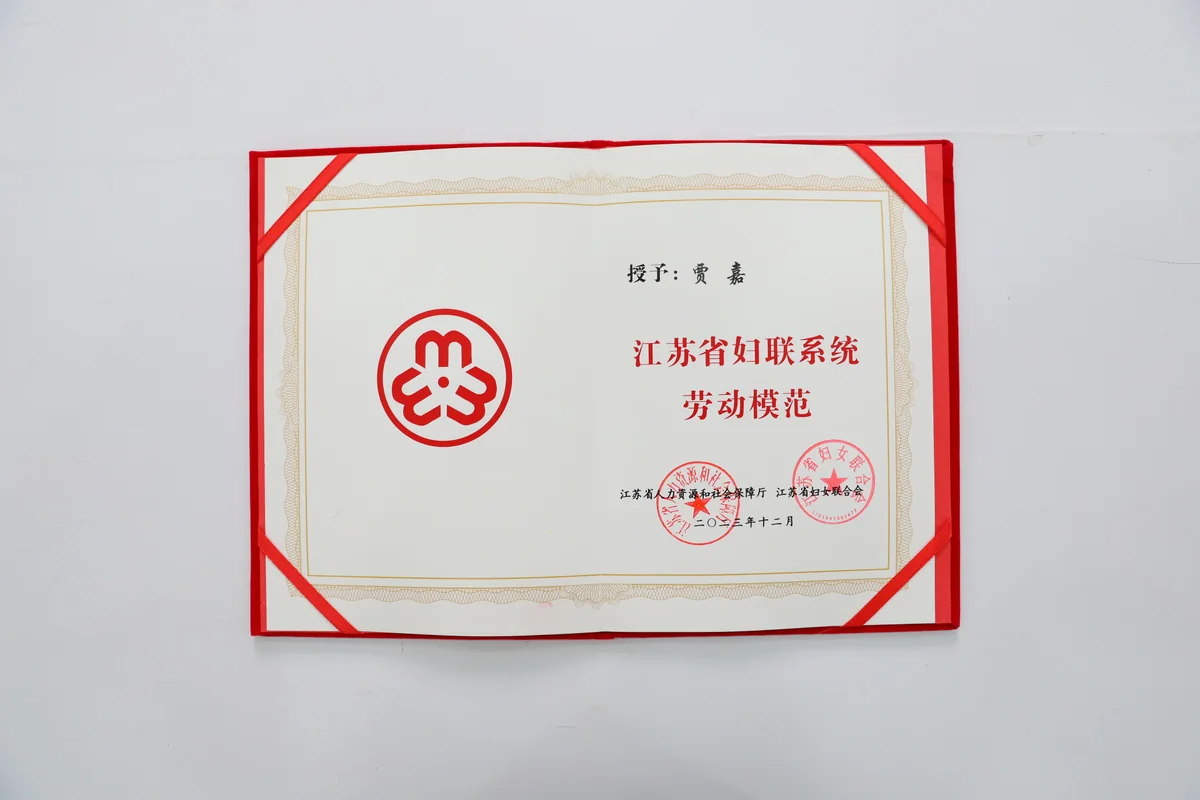 贾嘉江苏省妇联系统劳动模范证书,2023年12月。